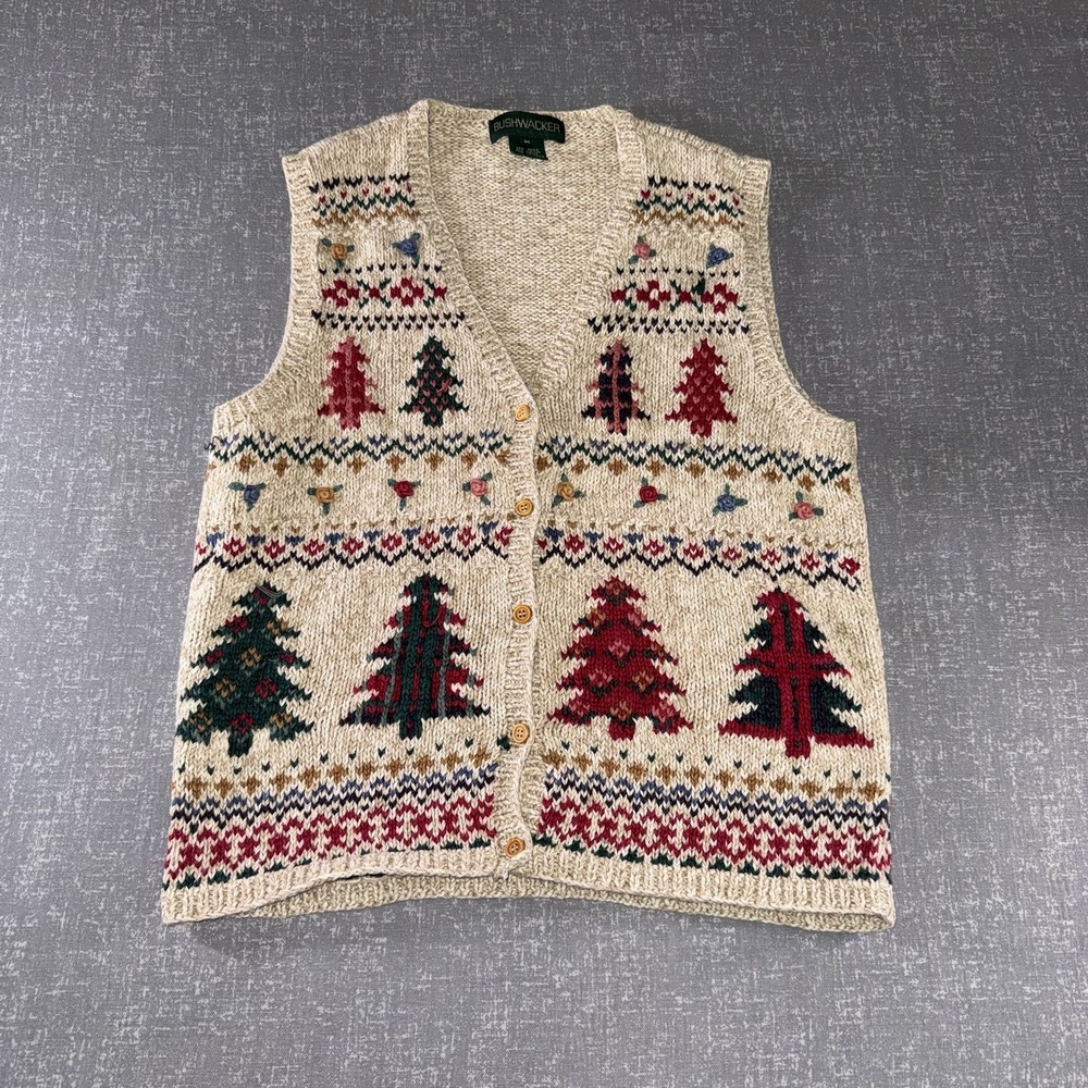 Bushwacker Sweater Vest Womens Medium Beige Christmas Tree Fair Isle Knit V-Neck